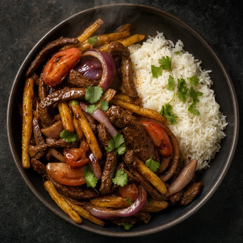 Lomo saltado servido, prato finalizado